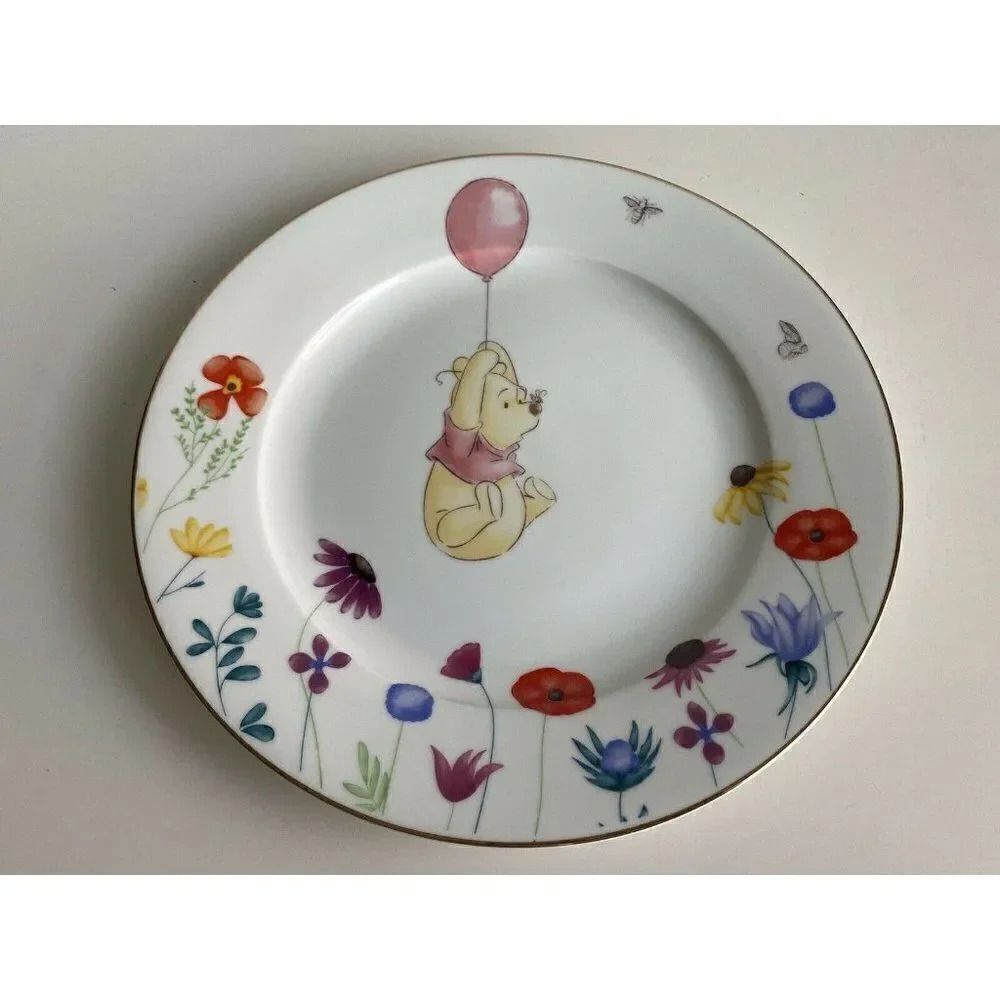 Disney Winnie The Pooh Balloon Spring Floral Dinner Plate Golden Rim Easter New